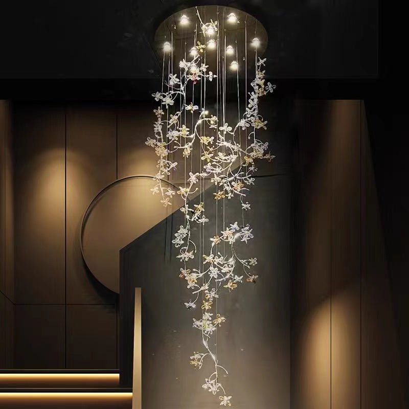 Luxury Branch Flower Crystal Chandelier for High Ceiling Staircase Foyer and Hallway Decor - D19.7"*H118"/18kgGoldWarm LightBlushlighting
