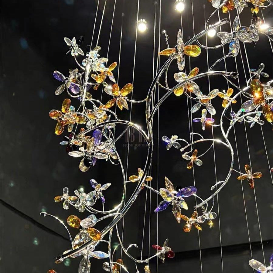Luxury Branch Flower Crystal Chandelier for High Ceiling Staircase Foyer and Hallway Decor - D19.7"*H118"/18kgChromeWarm LightBlushlighting