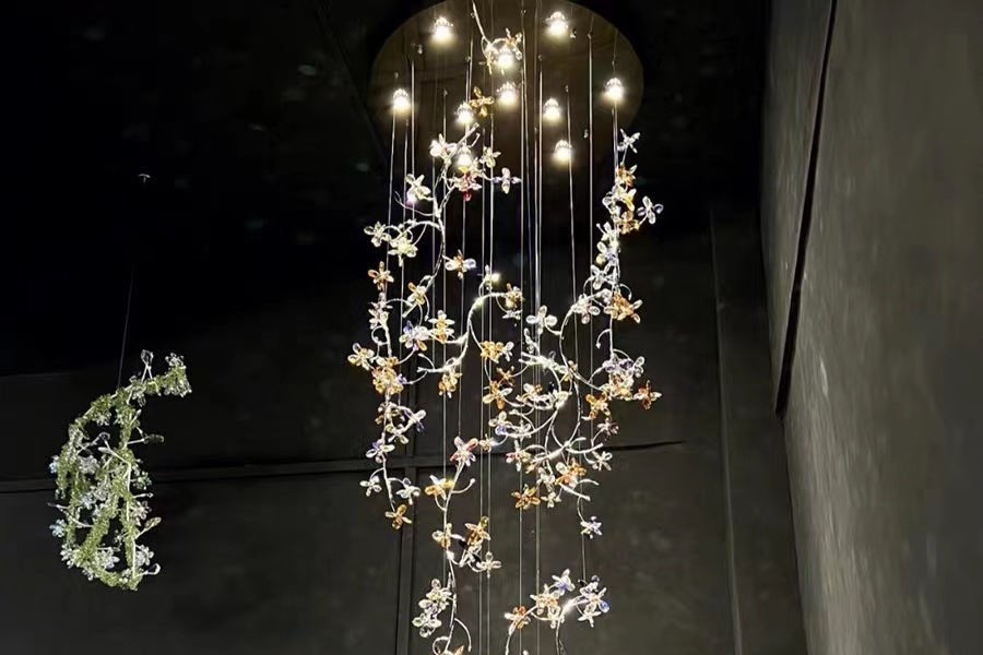 Luxury Branch Flower Crystal Chandelier for High Ceiling Staircase Foyer and Hallway Decor - D19.7"*H118"/18kgChromeWarm LightBlushlighting
