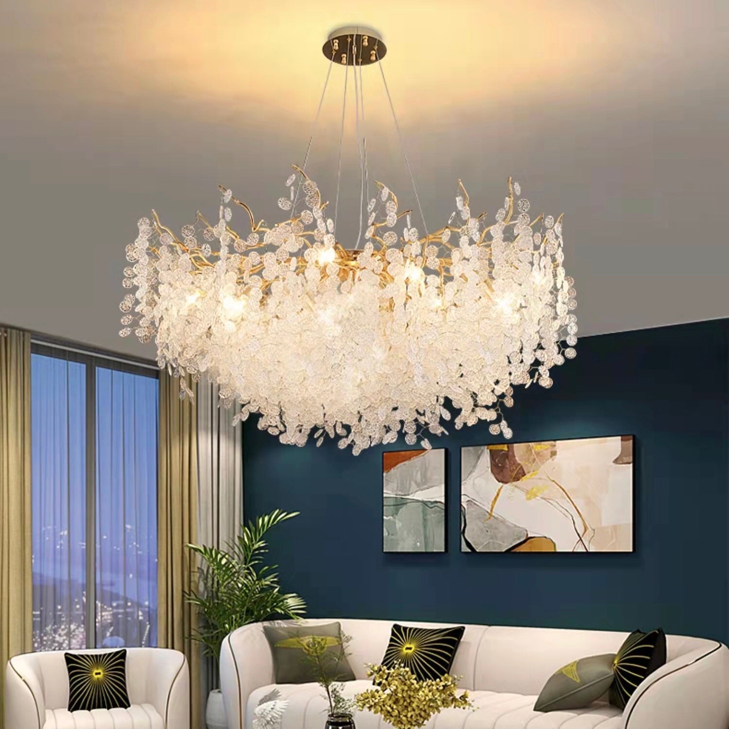 Luxury Branches Crystal Frosted Glass Chandelier Set for Living and Dining Room - Round: D31.5"*H17.7"Warm LightBlushlighting