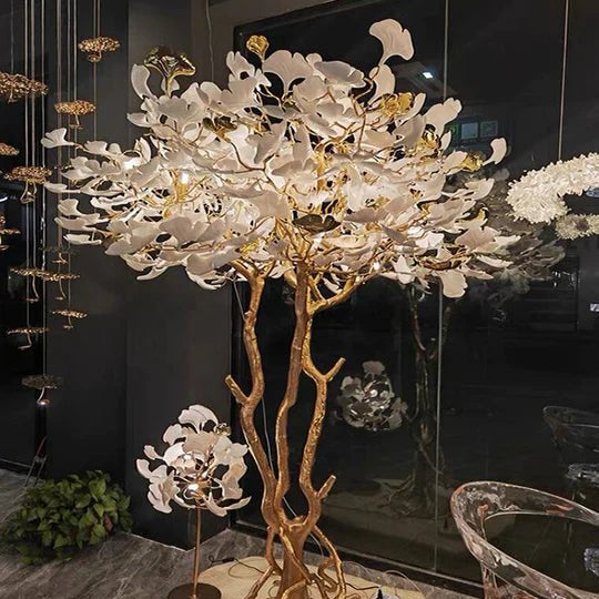 Luxury Creative White Ceramic Ginkgo Biloba Copper Branch Tree Floor Lamp for Living Room and Bedroom - D39.4"*H82.7"Warm LightBlushlighting