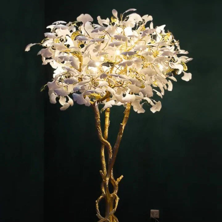 Luxury Creative White Ceramic Ginkgo Biloba Copper Branch Tree Floor Lamp for Living Room and Bedroom - D39.4"*H82.7"Warm LightBlushlighting