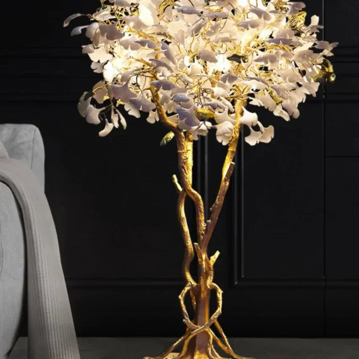 Luxury Creative White Ceramic Ginkgo Biloba Copper Branch Tree Floor Lamp for Living Room and Bedroom - D39.4"*H82.7"Warm LightBlushlighting