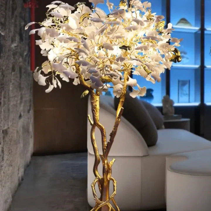 Luxury Creative White Ceramic Ginkgo Biloba Copper Branch Tree Floor Lamp for Living Room and Bedroom - D39.4"*H82.7"Warm LightBlushlighting