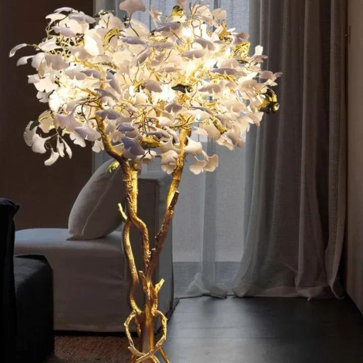 Luxury Creative White Ceramic Ginkgo Biloba Copper Branch Tree Floor Lamp for Living Room and Bedroom - D39.4"*H82.7"Warm LightBlushlighting