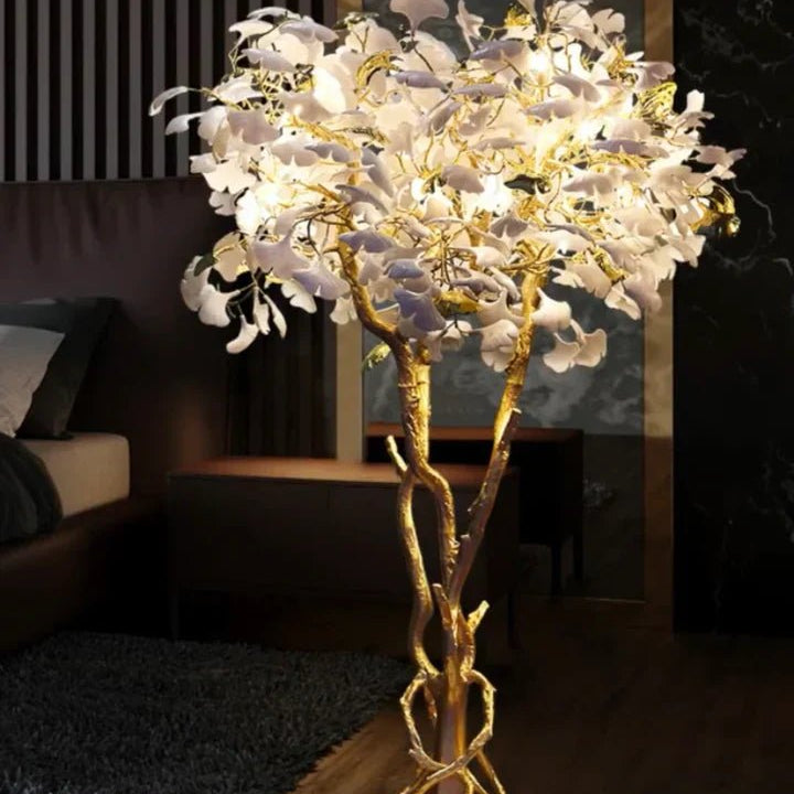 Luxury Creative White Ceramic Ginkgo Biloba Copper Branch Tree Floor Lamp for Living Room and Bedroom - D39.4"*H82.7"Warm LightBlushlighting