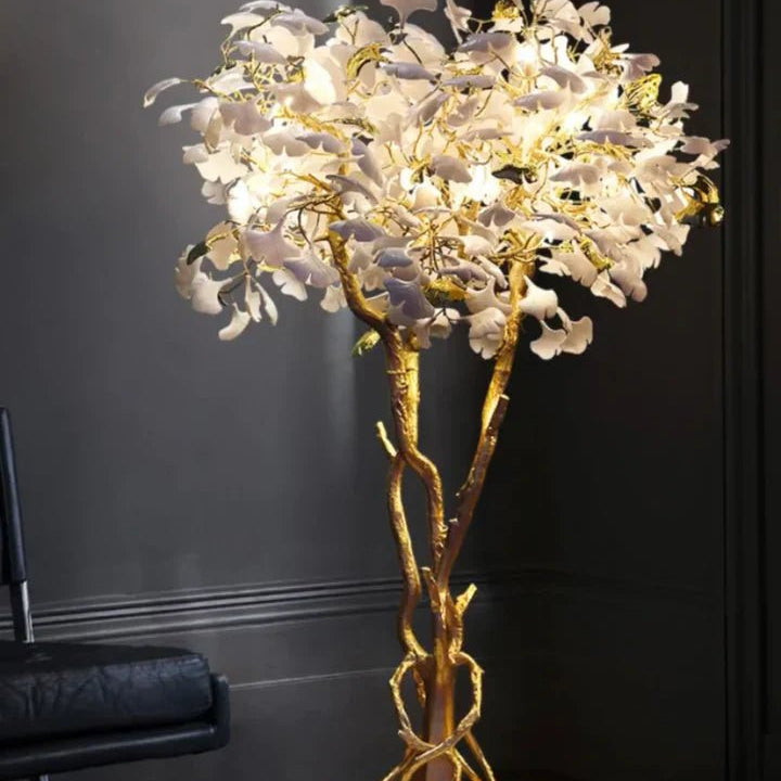 Luxury Creative White Ceramic Ginkgo Biloba Copper Branch Tree Floor Lamp for Living Room and Bedroom - D39.4"*H82.7"Warm LightBlushlighting