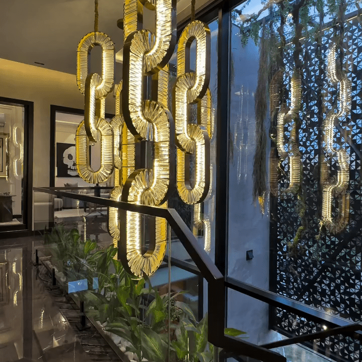 Luxury Crystal and Metal Chain Pendant Chandelier for High Ceilings with Modern Finish - Vertical/3 Rings/D12"*H48"/26kgGoldWarm LightBlushlighting