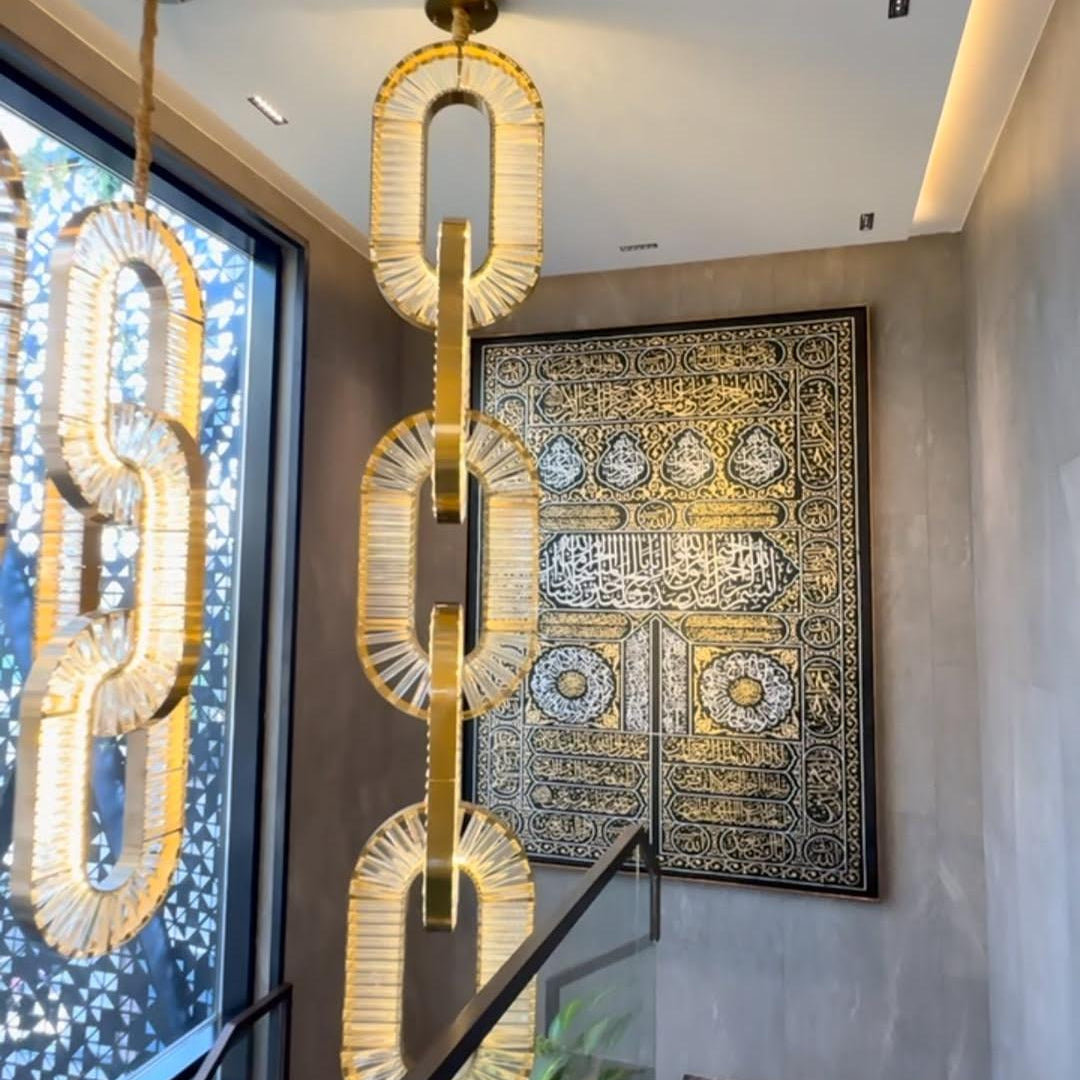 Luxury Crystal and Metal Chain Pendant Chandelier for High Ceilings with Modern Finish - Vertical/3 Rings/D12"*H48"/26kgGoldWarm LightBlushlighting