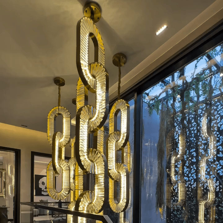 Luxury Crystal and Metal Chain Pendant Chandelier for High Ceilings with Modern Finish - Vertical/3 Rings/D12"*H48"/26kgGoldWarm LightBlushlighting