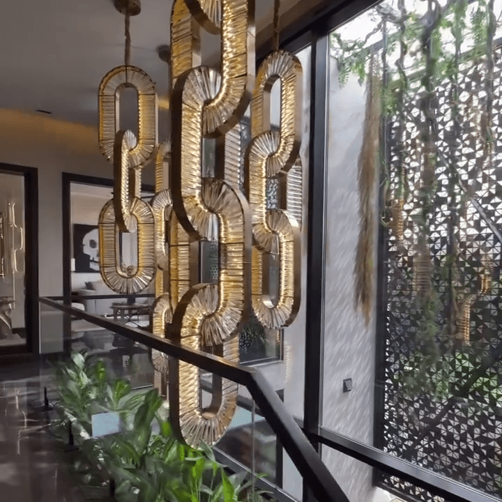 Luxury Crystal and Metal Chain Pendant Chandelier for High Ceilings with Modern Finish - Vertical/3 Rings/D12"*H48"/26kgGoldWarm LightBlushlighting