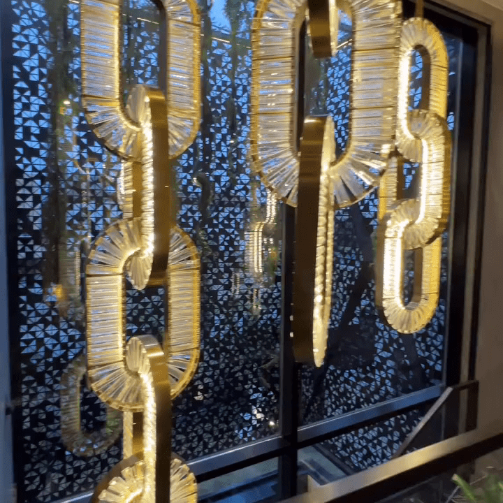 Luxury Crystal and Metal Chain Pendant Chandelier for High Ceilings with Modern Finish - Vertical/3 Rings/D12"*H48"/26kgGoldWarm LightBlushlighting