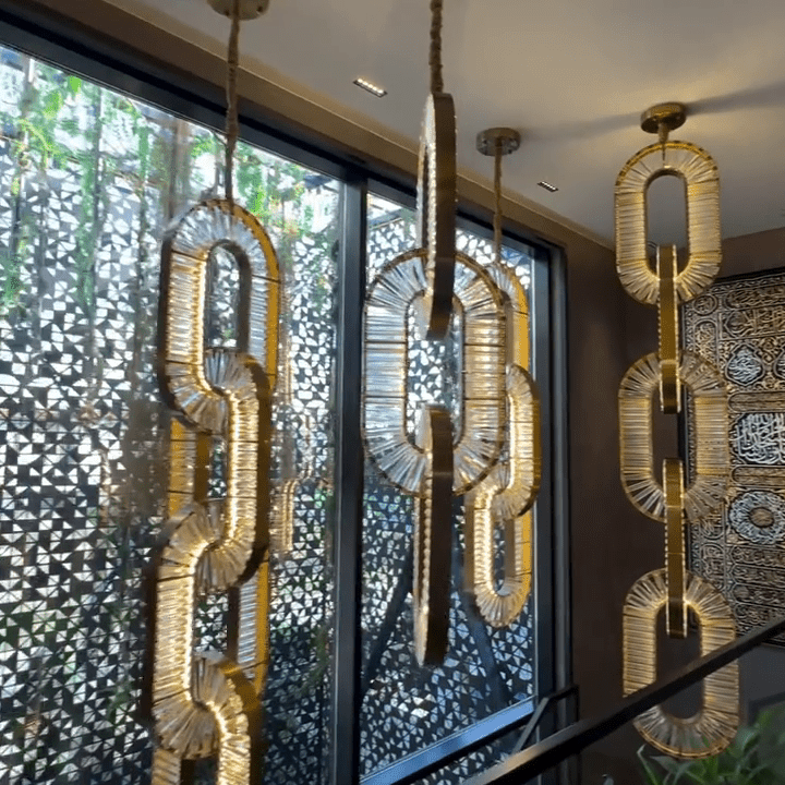 Luxury Crystal and Metal Chain Pendant Chandelier for High Ceilings with Modern Finish - Vertical/3 Rings/D12"*H48"/26kgGoldWarm LightBlushlighting