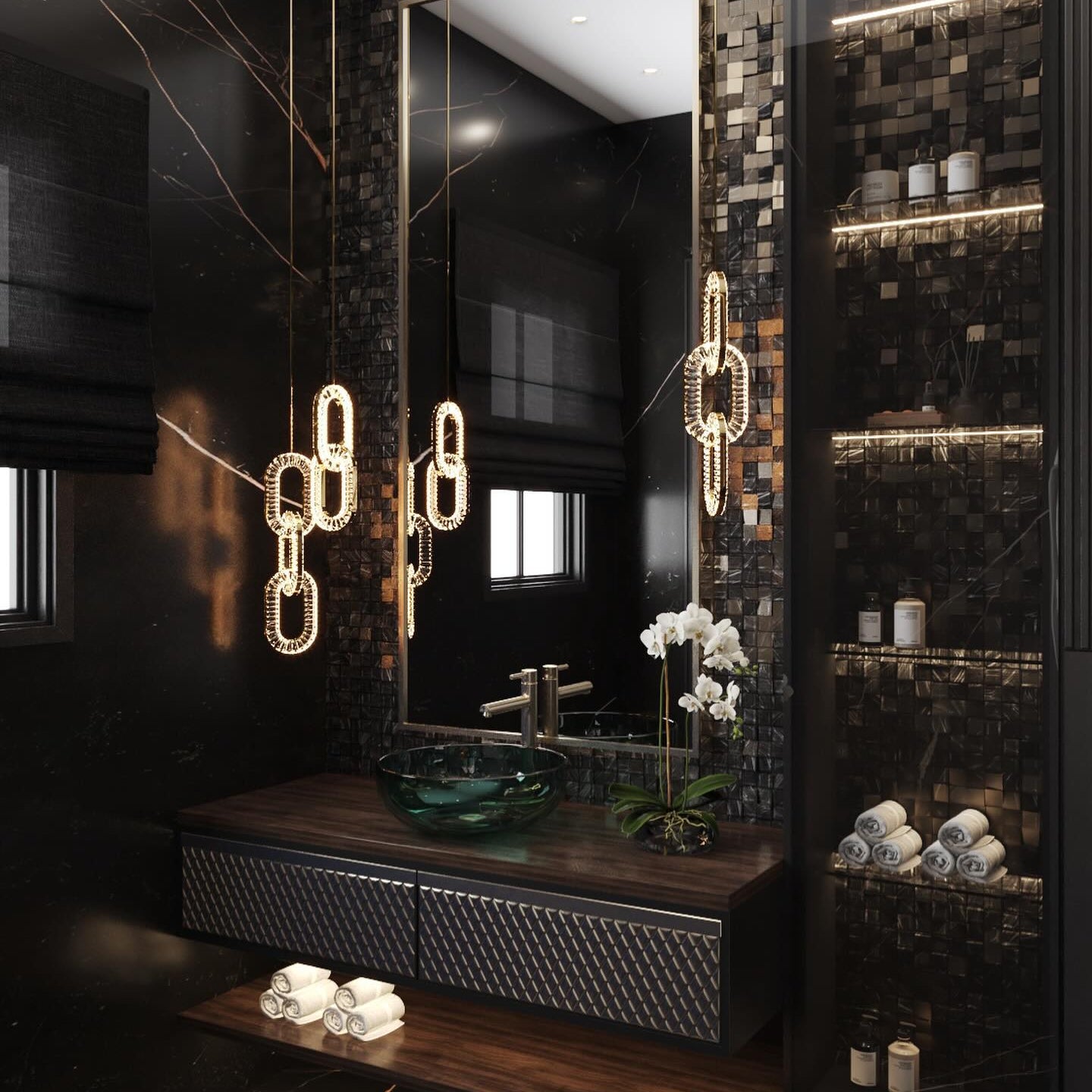 Luxury Crystal and Metal Chain Pendant Chandelier for High Ceilings with Modern Finish - Vertical/3 Rings/D12"*H48"/26kgGoldWarm LightBlushlighting