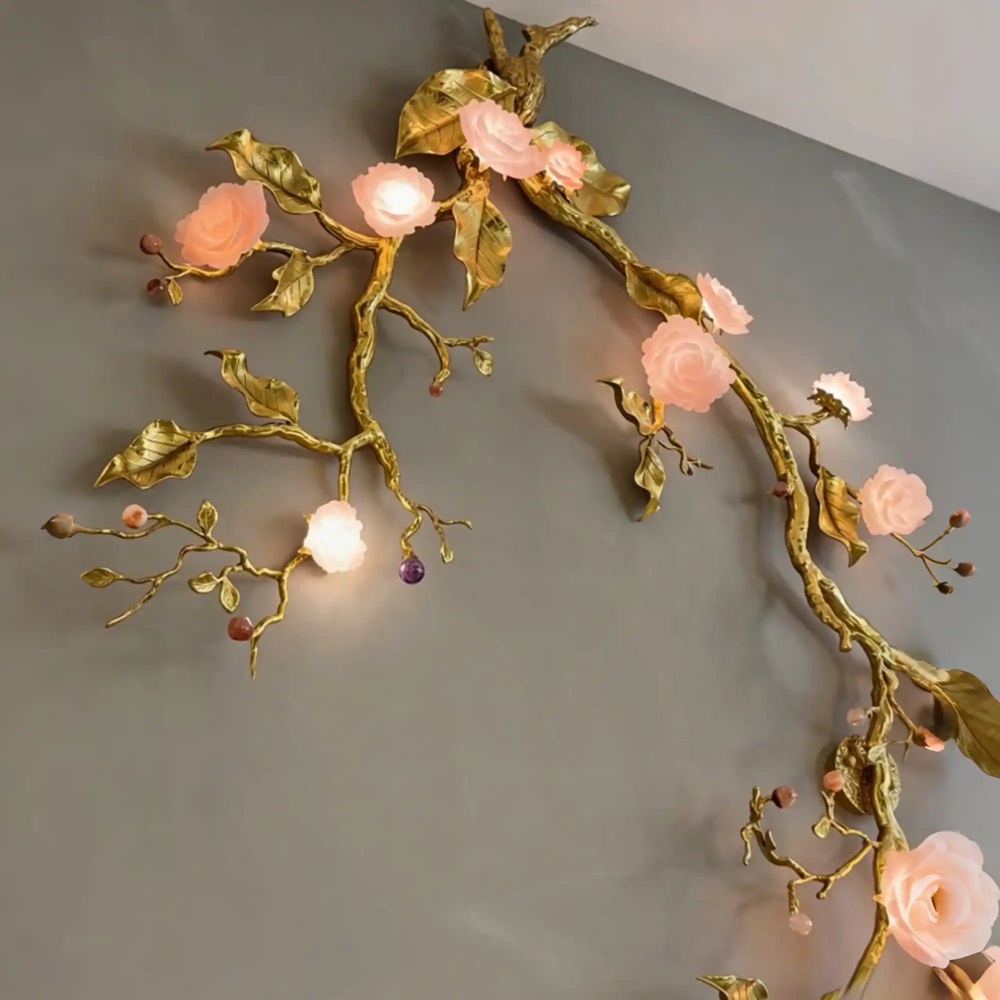 Luxury Elegant Golden Branch Blossom Twig Natural Crystal Lighting Set - Pendant Chandelier/L50.39“*W24.8”Warm LightBlushlighting