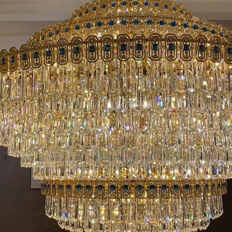 Luxury Extra Large Conical Funnel Crystal Chandelier with Sapphire for High Ceiling - D31.5"*H52.5"(D80cm*H133cm)/75.7kgWarm LightBlushlighting
