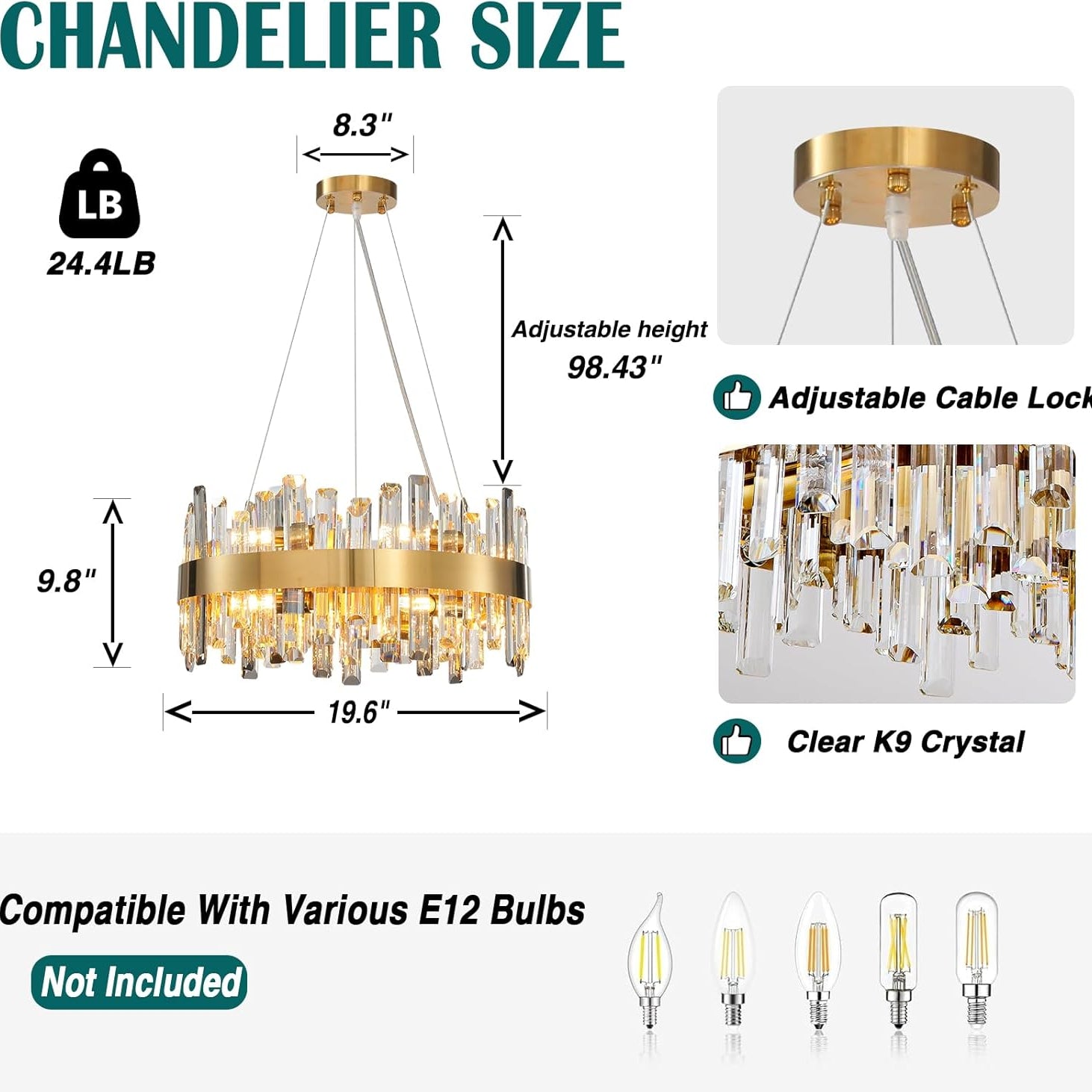 Luxury Gold 12-Light Round K9 Crystal Chandelier for Living Spaces