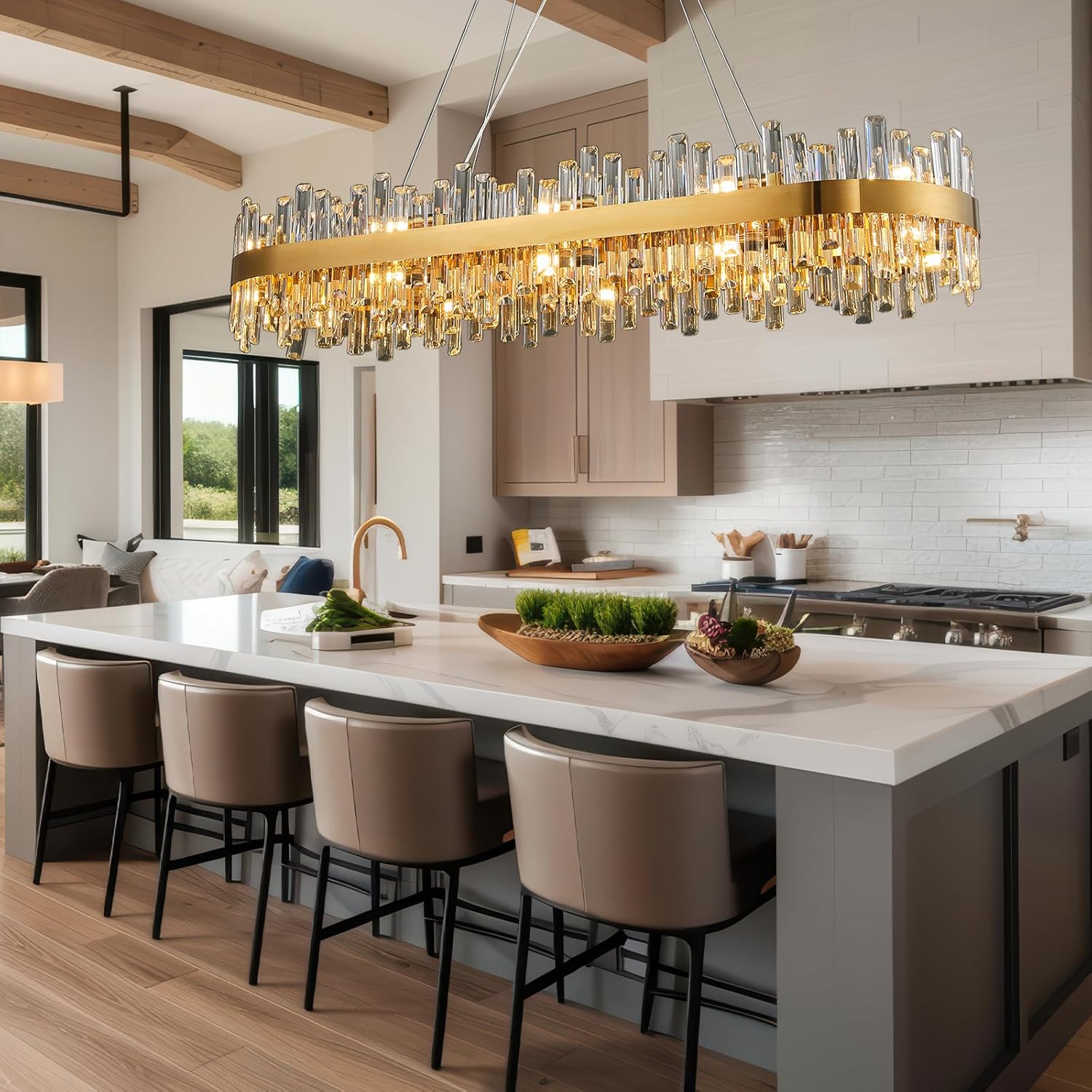 Luxury Gold 2 - Tier Rectangular Crystal Chandelier 52" L Dining - GoldRectangle L52''Blushlighting