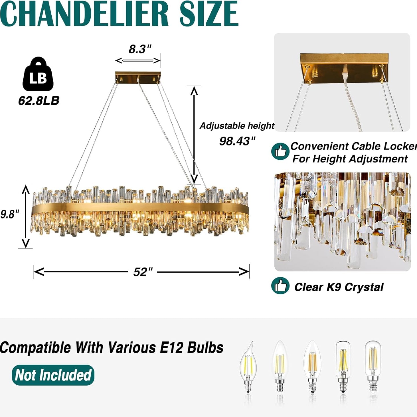 Luxury Gold 2-Tier Rectangular Crystal Chandelier 52" L Dining
