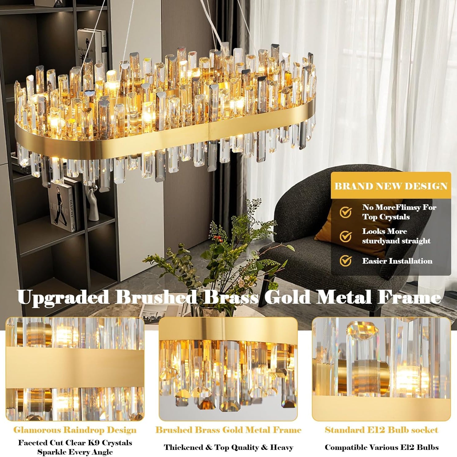 Luxury Gold 2-Tier Rectangular Crystal Chandelier 52" L Dining