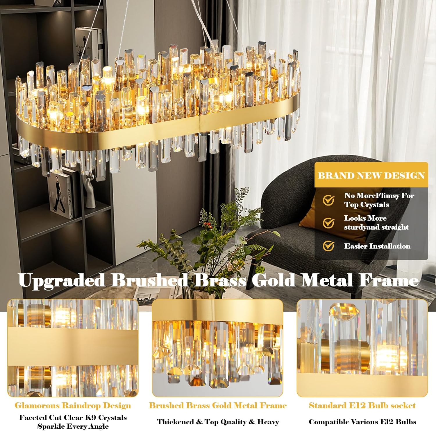 Luxury Gold 2-Tier Rectangular Crystal Chandelier 52" L Dining