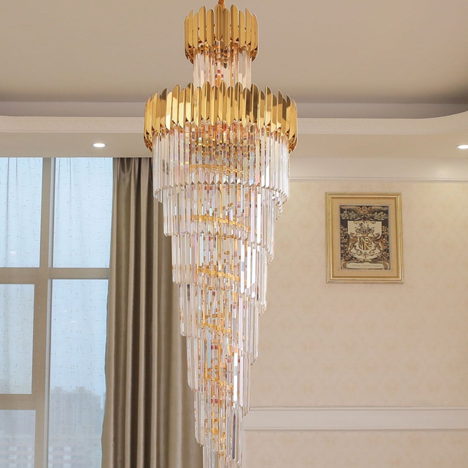 Luxury Gold Trimmed Long Crystal Chandelier Foyer Staircase Extra Large Ceiling Light Fixture - D17.7"*H47.2"/ 13 LightsBlushlighting
