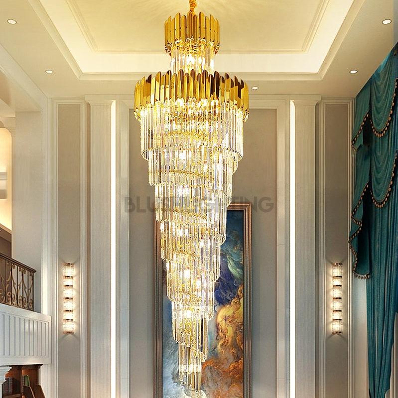 Luxury Gold Trimmed Long Crystal Chandelier Foyer Staircase Extra Large Ceiling Light Fixture - D17.7"*H47.2"/ 13 LightsBlushlighting