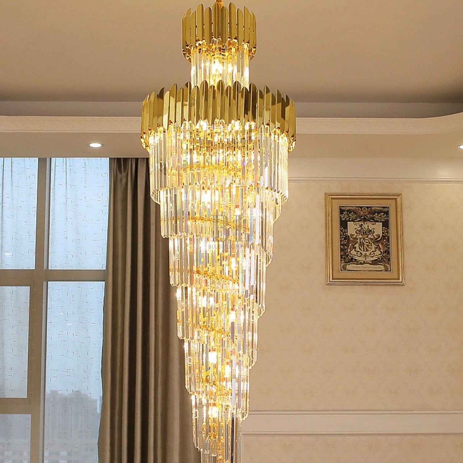 Luxury Gold Trimmed Long Crystal Chandelier Foyer Staircase Extra Large Ceiling Light Fixture - D17.7"*H47.2"/ 13 LightsBlushlighting