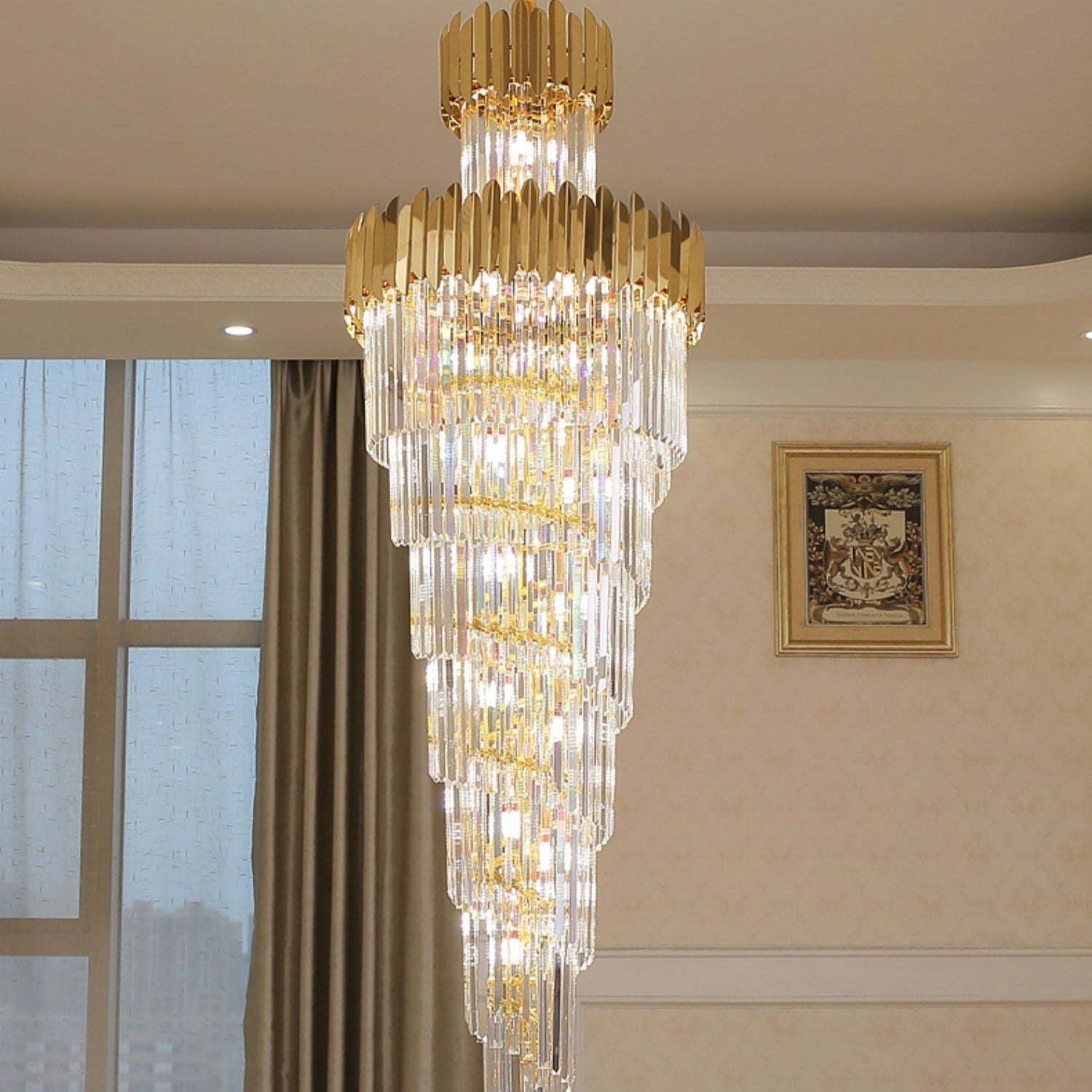 Luxury Gold Trimmed Long Crystal Chandelier Foyer Staircase Extra Large Ceiling Light Fixture - D17.7"*H47.2"/ 13 LightsBlushlighting