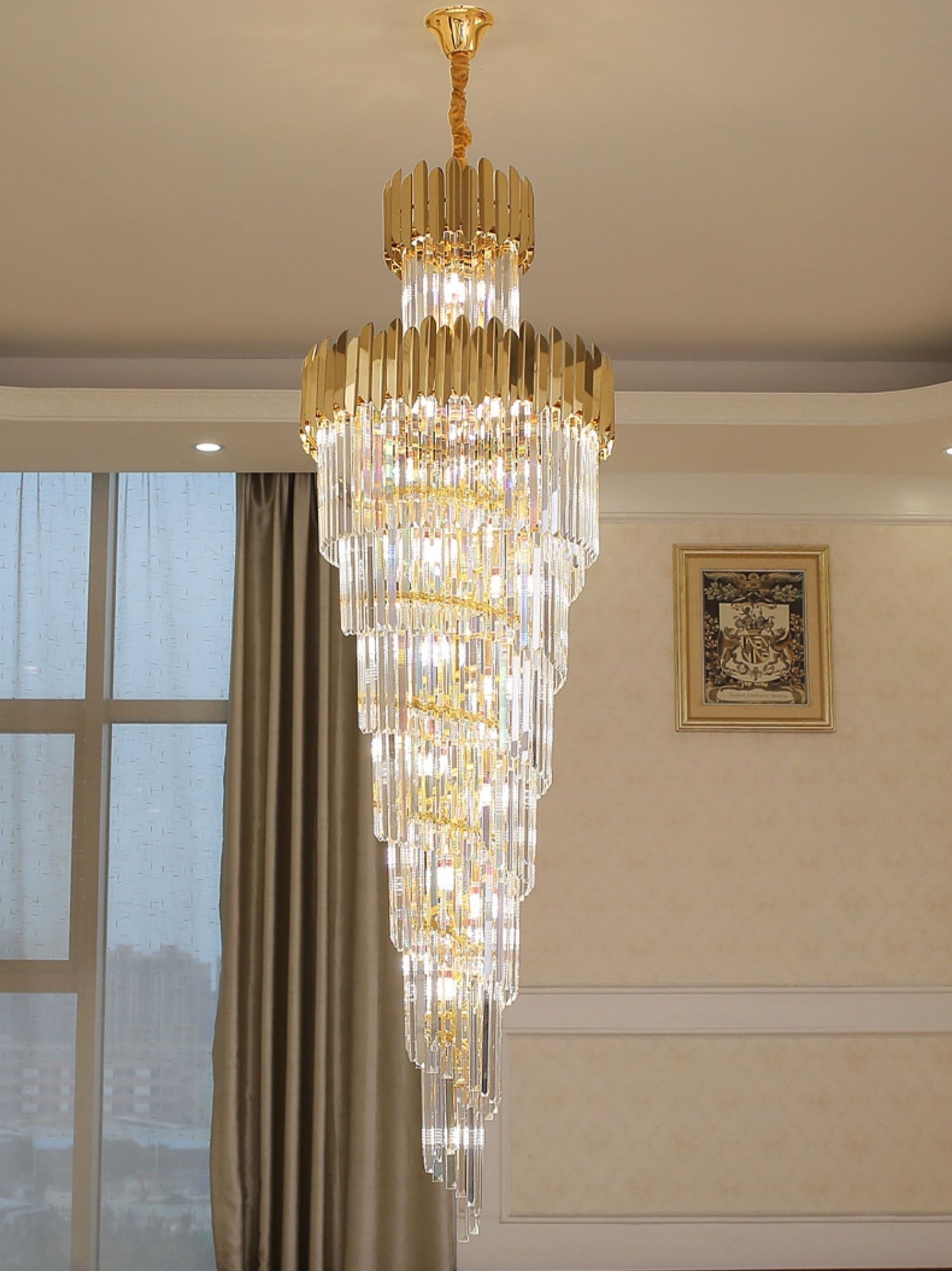 Luxury Gold Trimmed Long Crystal Chandelier Foyer Staircase Extra Large Ceiling Light Fixture - D17.7"*H47.2"/ 13 LightsBlushlighting
