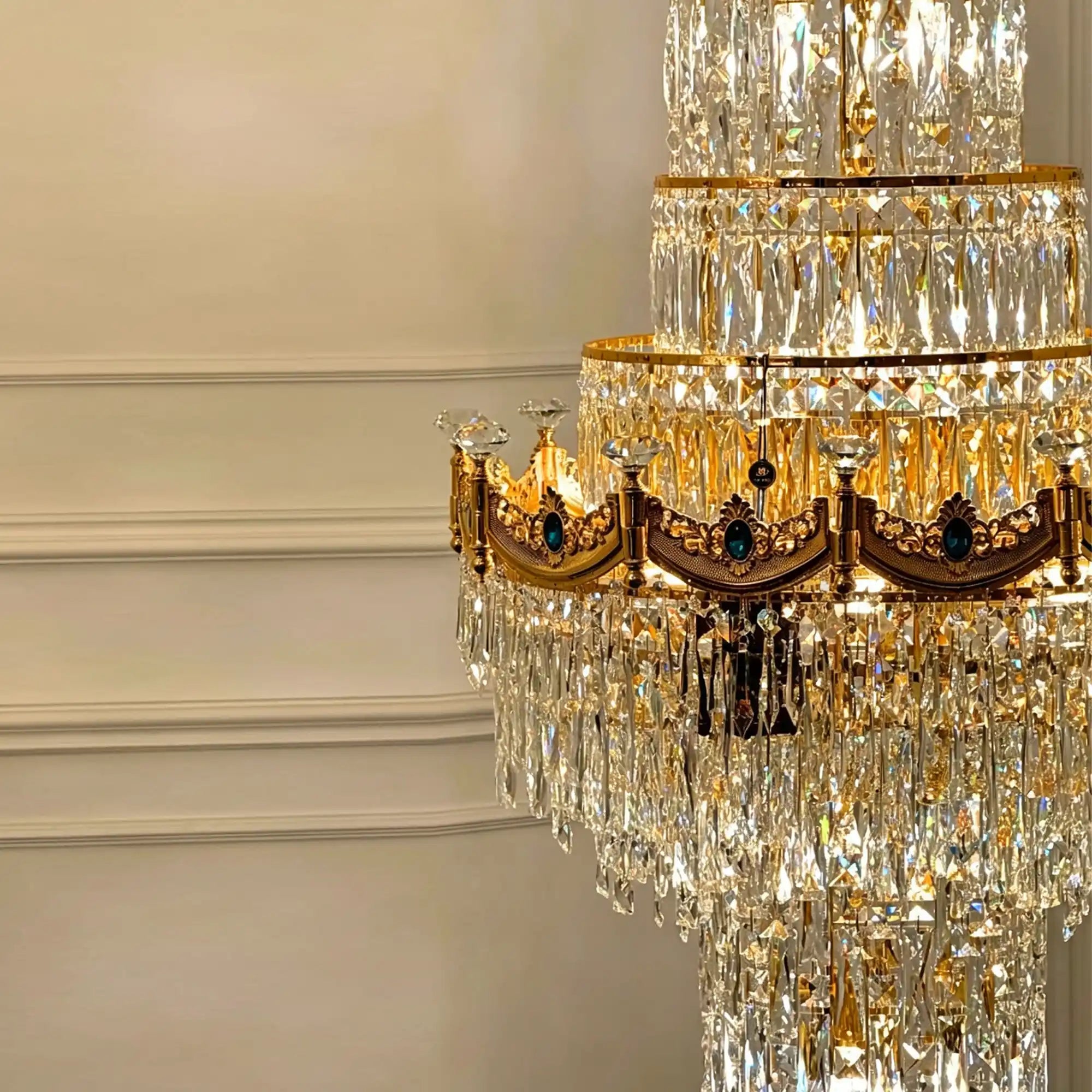 Luxury Majesty Grand Crown Top Cascading Long Tiered Crystal Chandelier - D23.62"*H137.80" (D60cm*H350cm)Warm LightBlushlighting