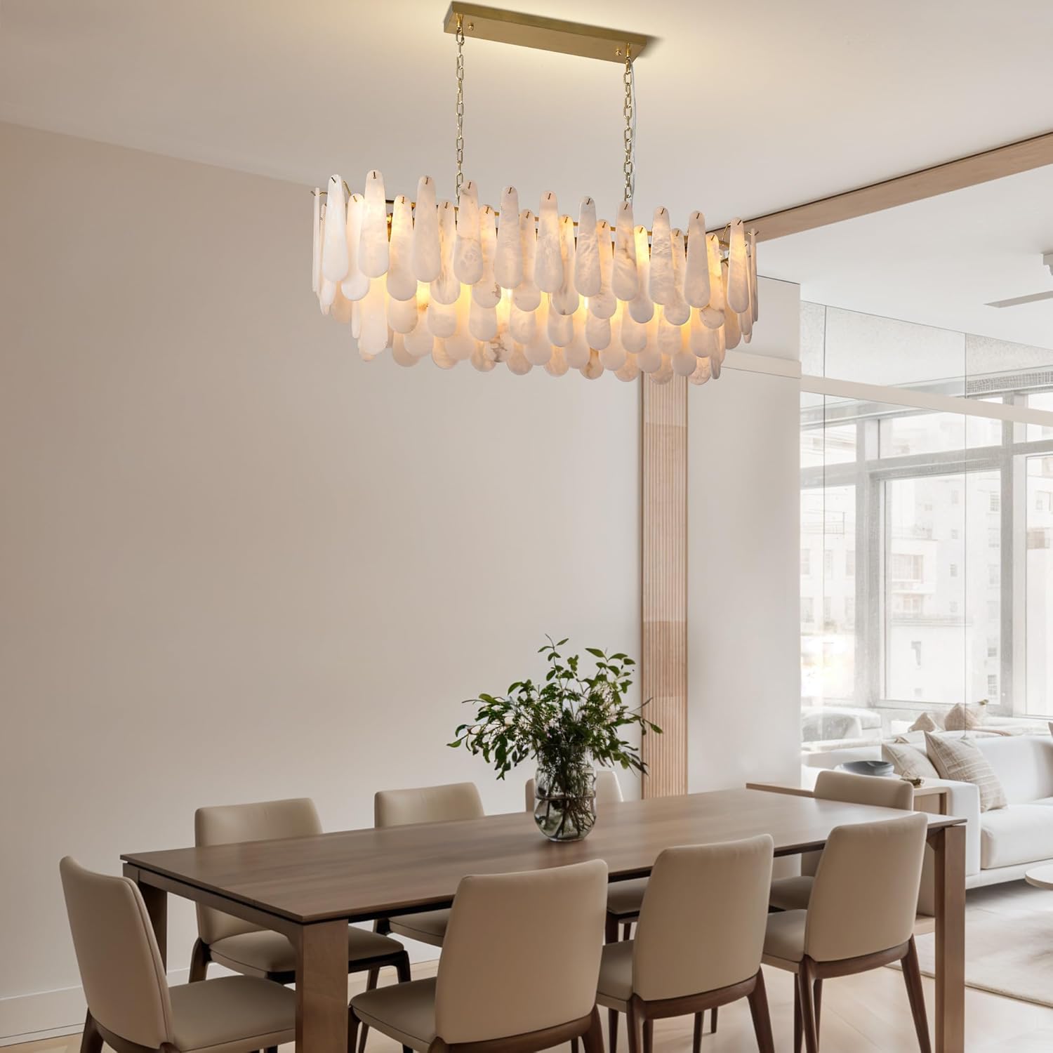 Luxury Modern Alabaster Brass Rectangle Chandelier with Adjustable Height