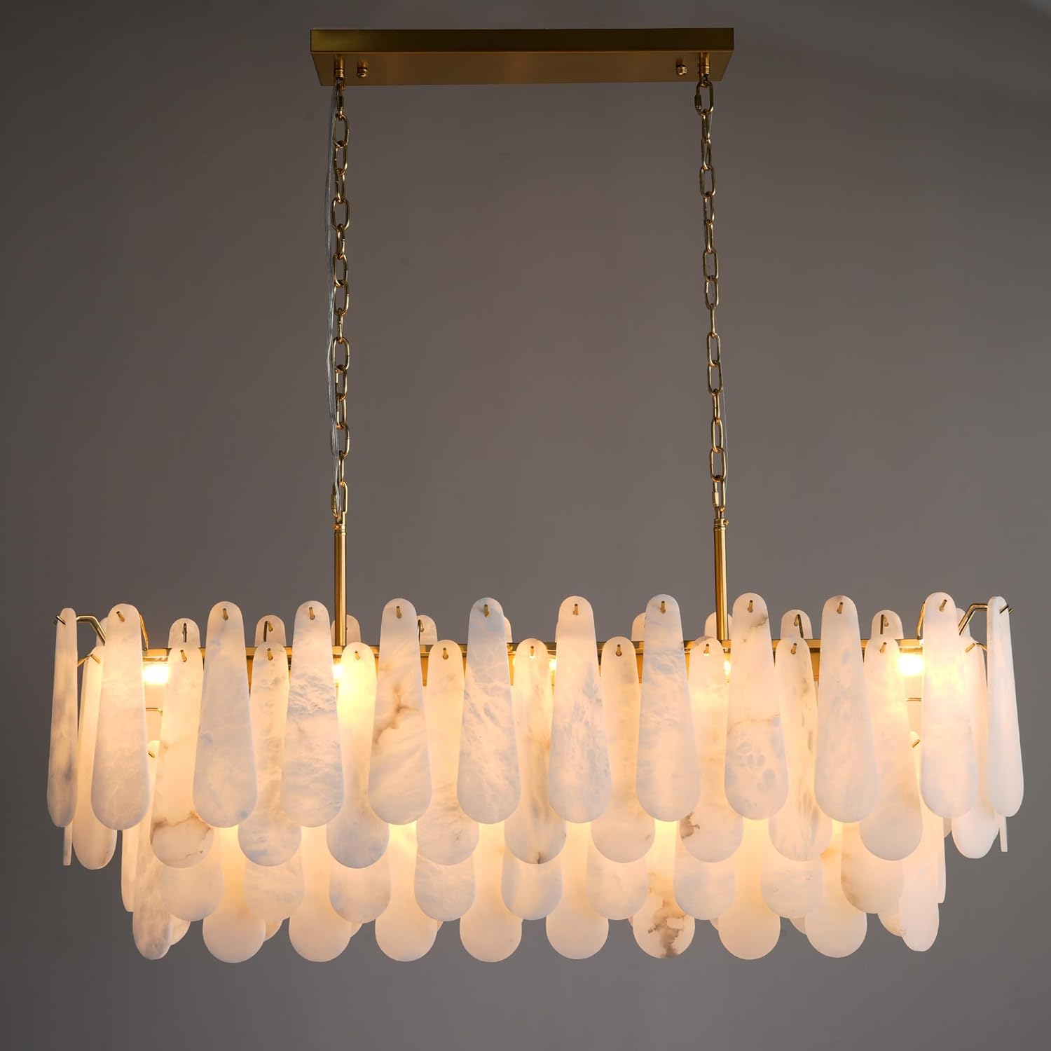 Luxury Modern Alabaster Brass Rectangle Chandelier with Adjustable Height
