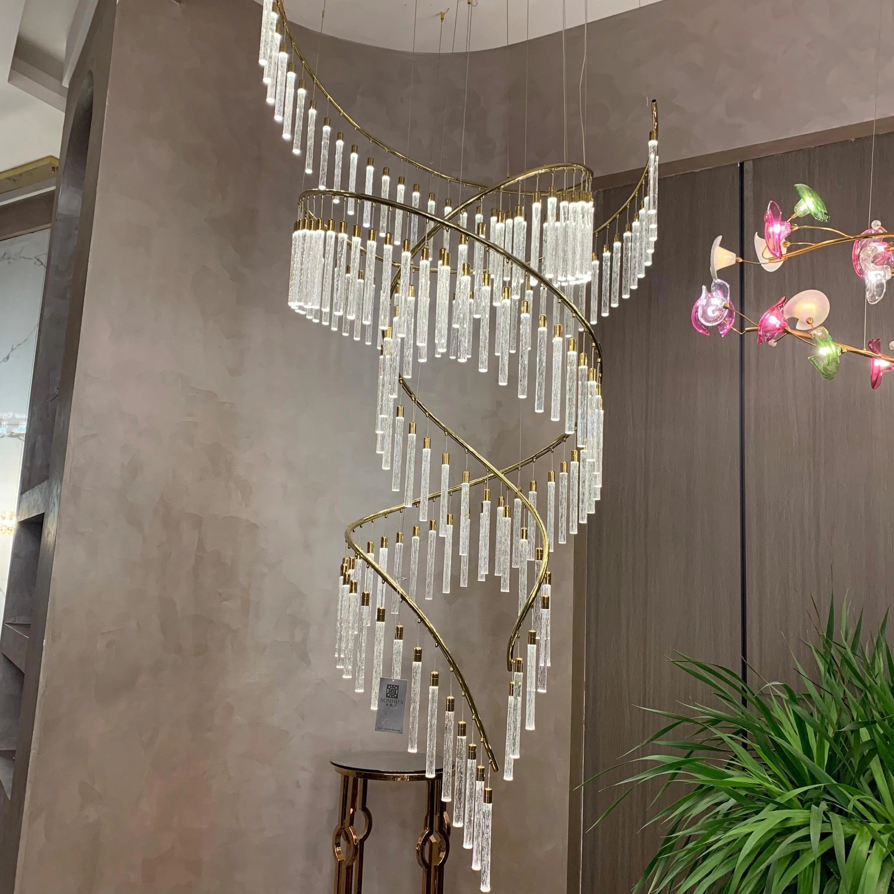 Luxury Spiral Bubble Crystal Stick Chandelier for Staircase/Foyer/High-ceiling - D47.2"*H114.17"(D120cm*H290cm)/62.6kgWithout BaseWarm LightBlushlighting
