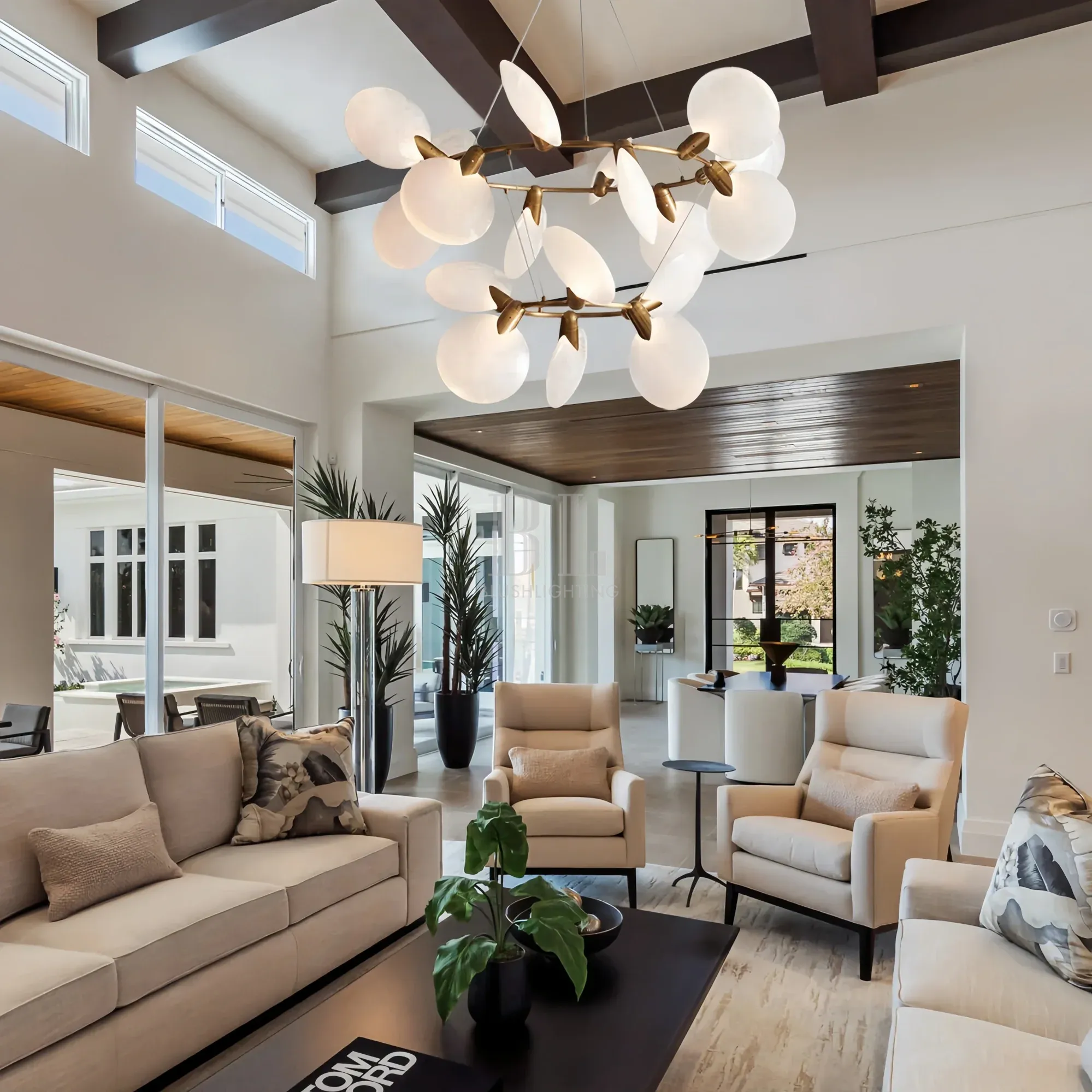 Large living room featuring Lyla 2-Tiered Halo Chandelier double ring ceiling light