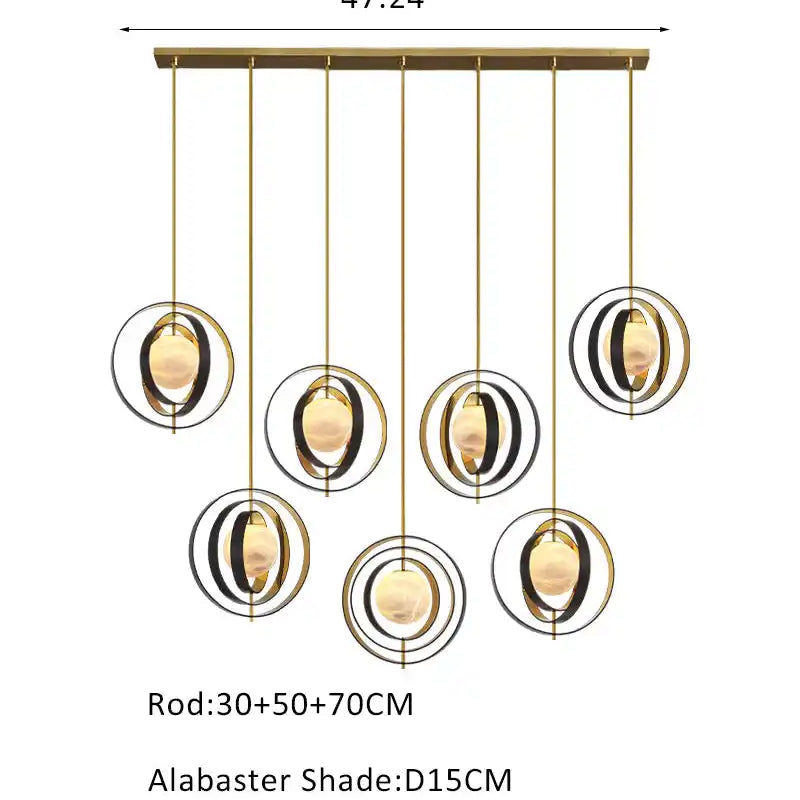 White Alabaster Round Ceiling Pendant Lamp - Gold & Bronze Rotatable Ring-7 light-L70*W57*H71CM/L28"*W23"*H28"-Square-Blushlighting