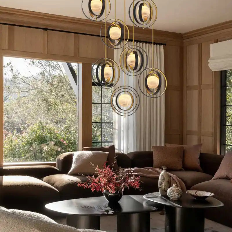 White Alabaster Round Ceiling Pendant Lamp - Gold & Bronze Rotatable Ring-Blushlighting