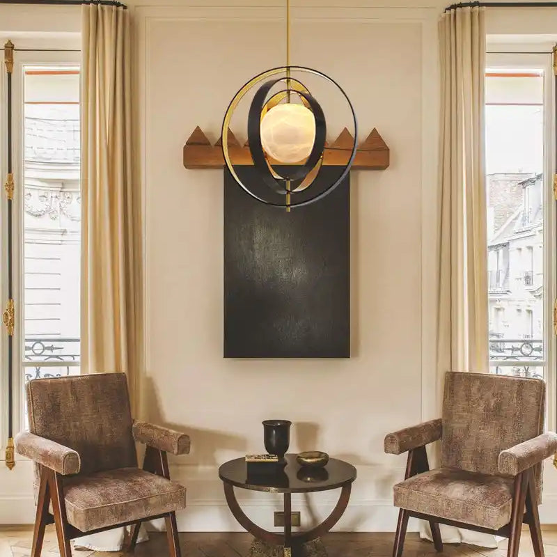 White Alabaster Round Ceiling Pendant Lamp - Gold & Bronze Rotatable Ring-Single-L70*W57*H71CM/L28"*W23"*H28"-Blushlighting