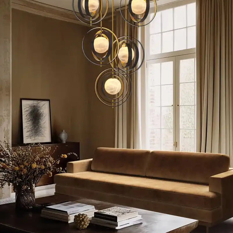 White Alabaster Round Ceiling Pendant Lamp - Gold & Bronze Rotatable Ring-Blushlighting