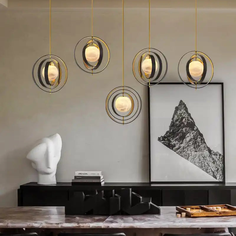 White Alabaster Round Ceiling Pendant Lamp - Gold & Bronze Rotatable Ring-Blushlighting