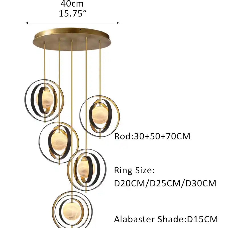 White Alabaster Round Ceiling Pendant Lamp - Gold & Bronze Rotatable Ring-5 light-L70*W57*H71CM/L28"*W23"*H28"-Round-Blushlighting