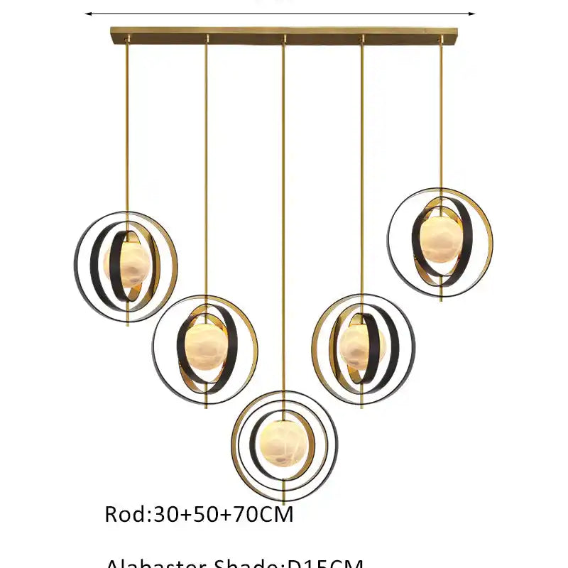 White Alabaster Round Ceiling Pendant Lamp - Gold & Bronze Rotatable Ring-5 light-L70*W57*H71CM/L28"*W23"*H28"-Square-Blushlighting