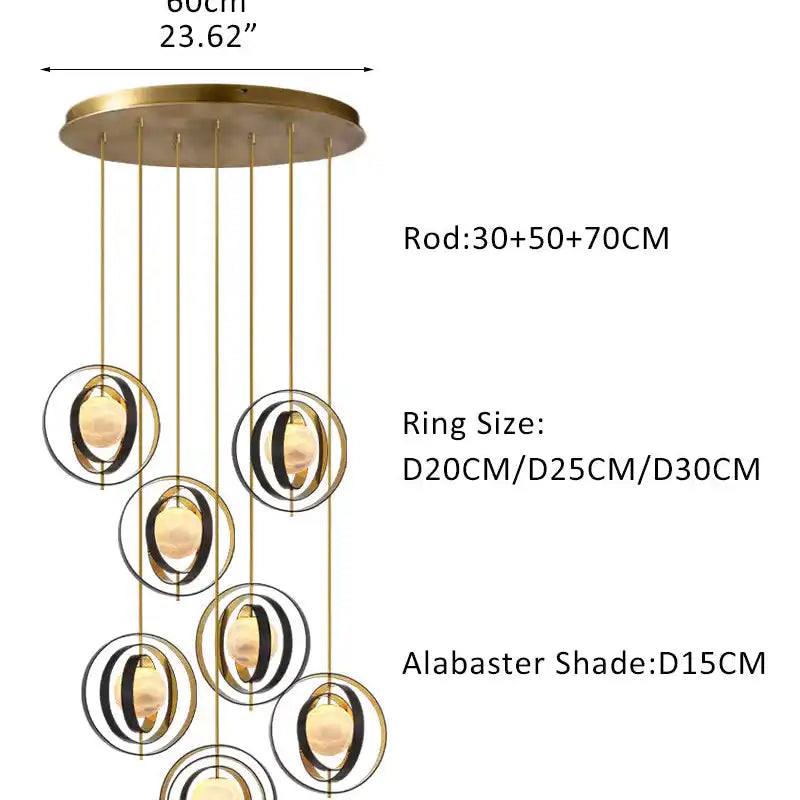 White Alabaster Round Ceiling Pendant Lamp - Gold & Bronze Rotatable Ring-7 light-L70*W57*H71CM/L28"*W23"*H28"-Round-Blushlighting