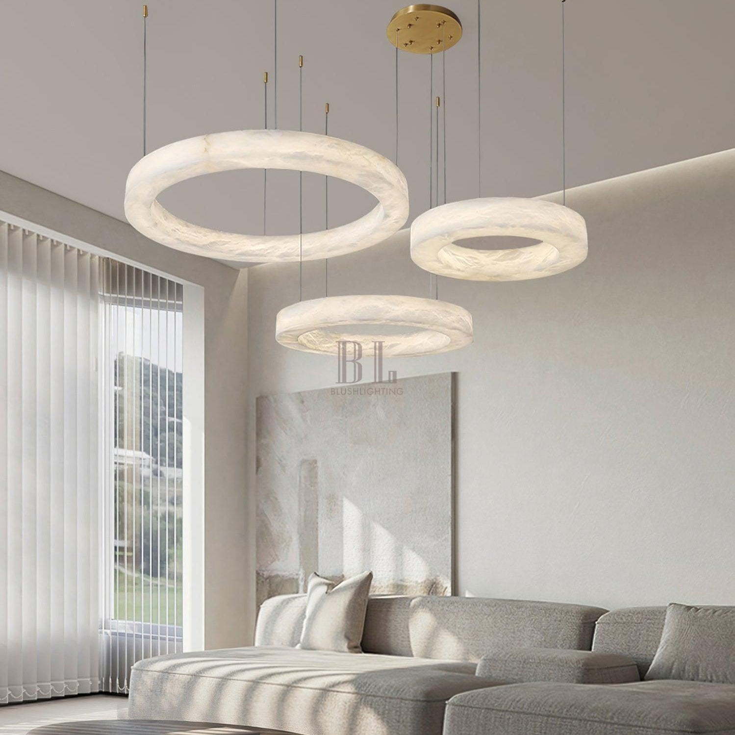 Marika Alabaster Chandelier - 3 Rings S 19.6″+23.6″+31.5″ / 50cm+60cm+80cmBrass & White AlabasterWarm WhiteBlushlighting