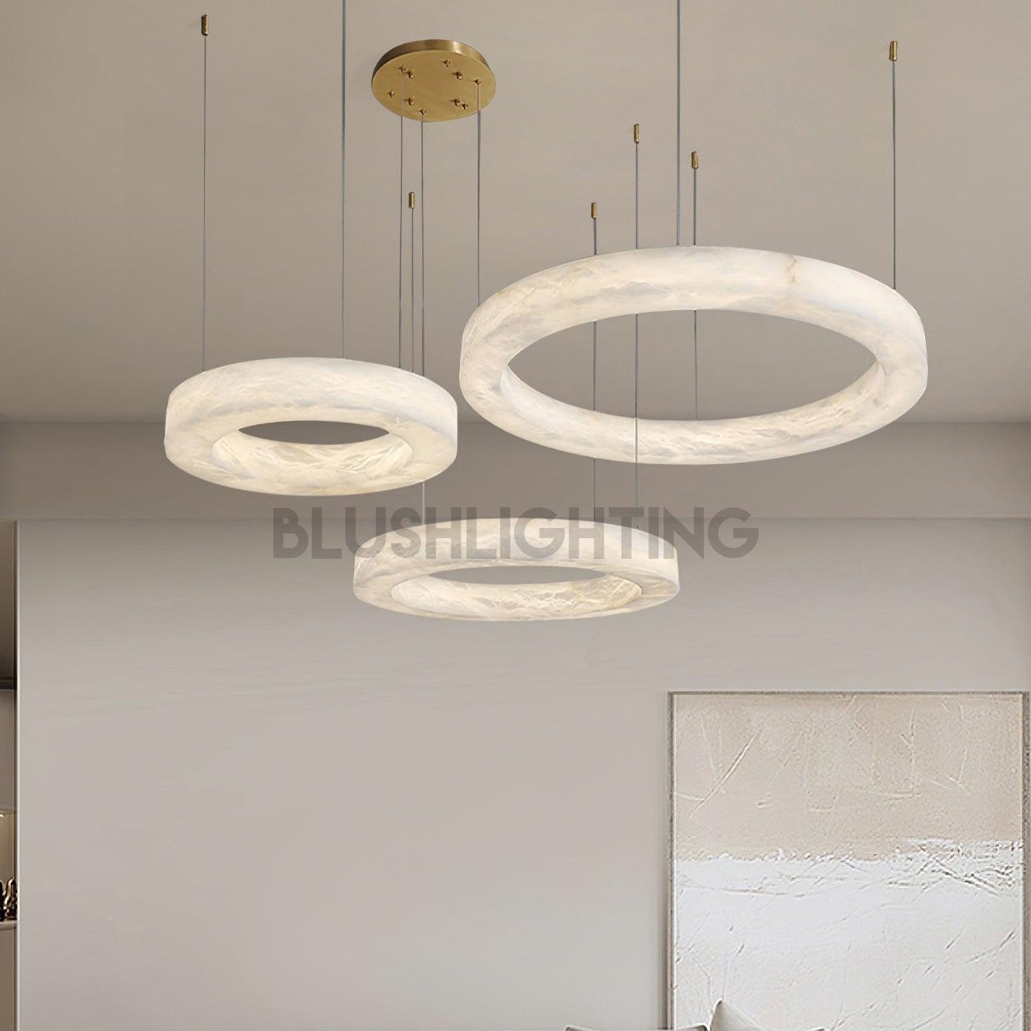 Marika Alabaster Chandelier - 3 Rings S 19.6″+23.6″+31.5″ / 50cm+60cm+80cmBrass & White AlabasterWarm WhiteBlushlighting