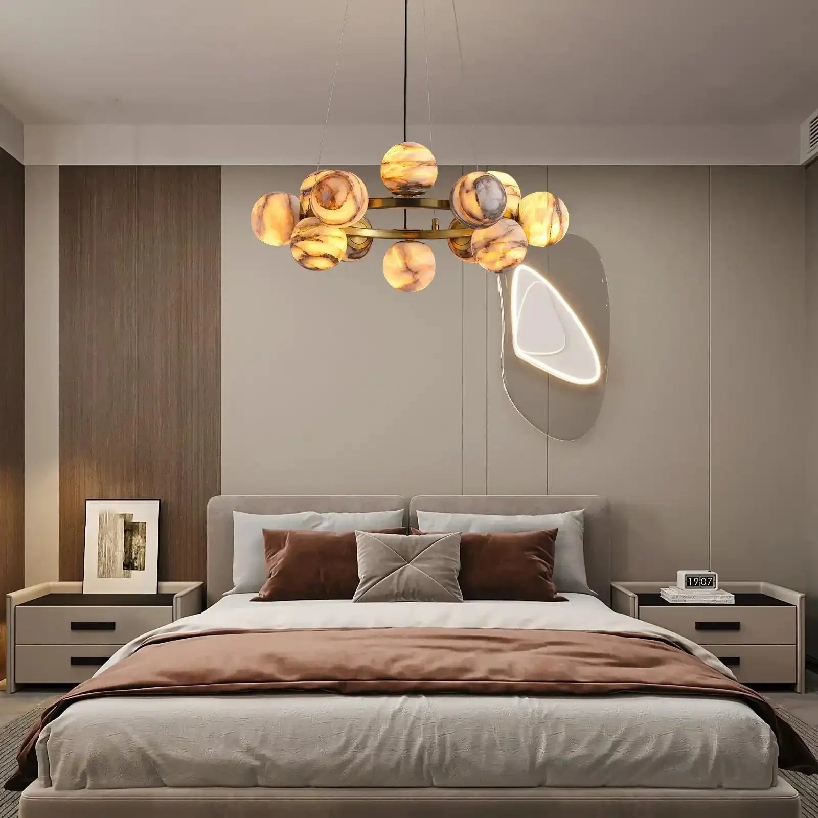 Mid Century Modern Sputnik 12 Light Gold Alabaster Globe Chandelier - Blushlighting