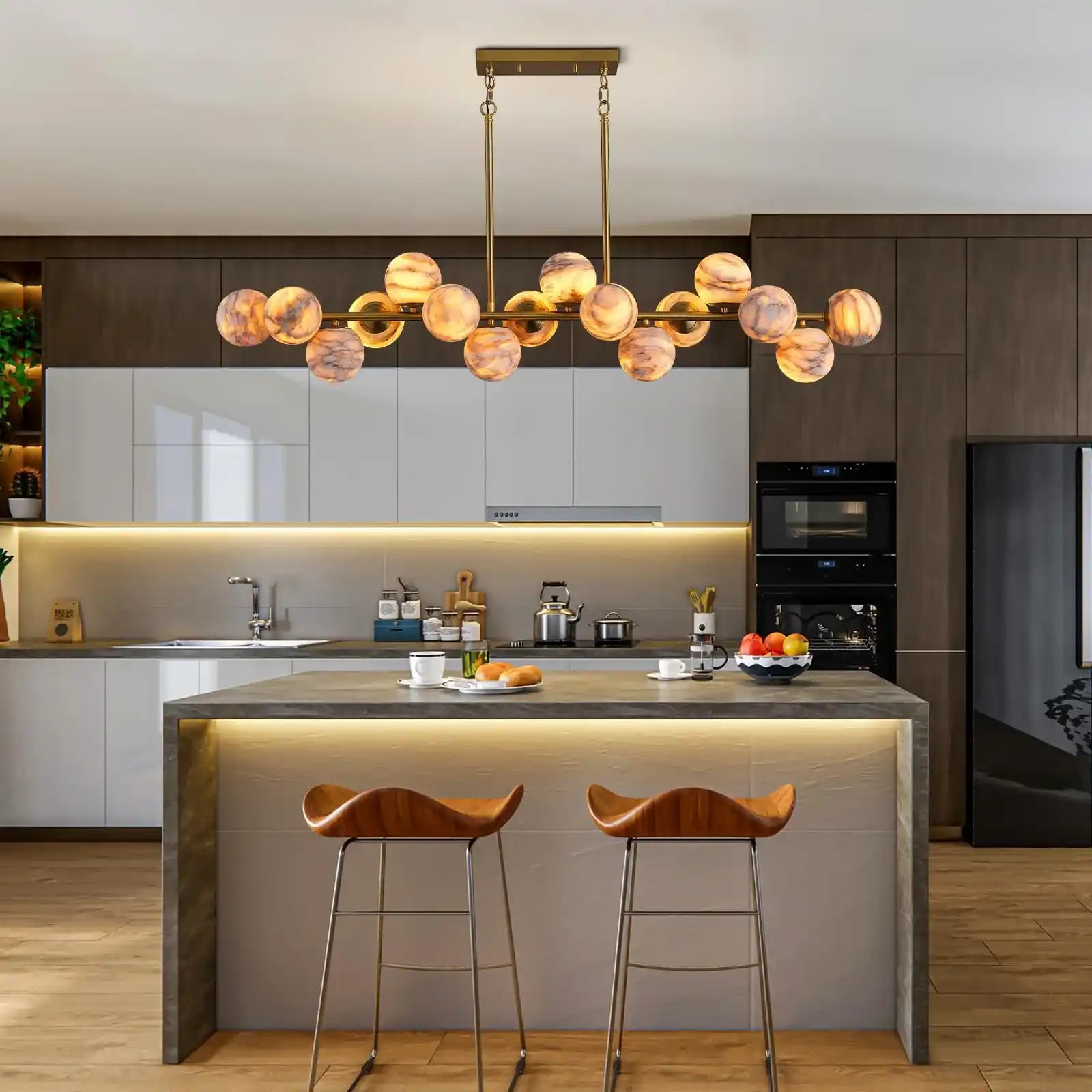 Mid Century Modern Sputnik 12 Light Gold Alabaster Globe Chandelier - Blushlighting