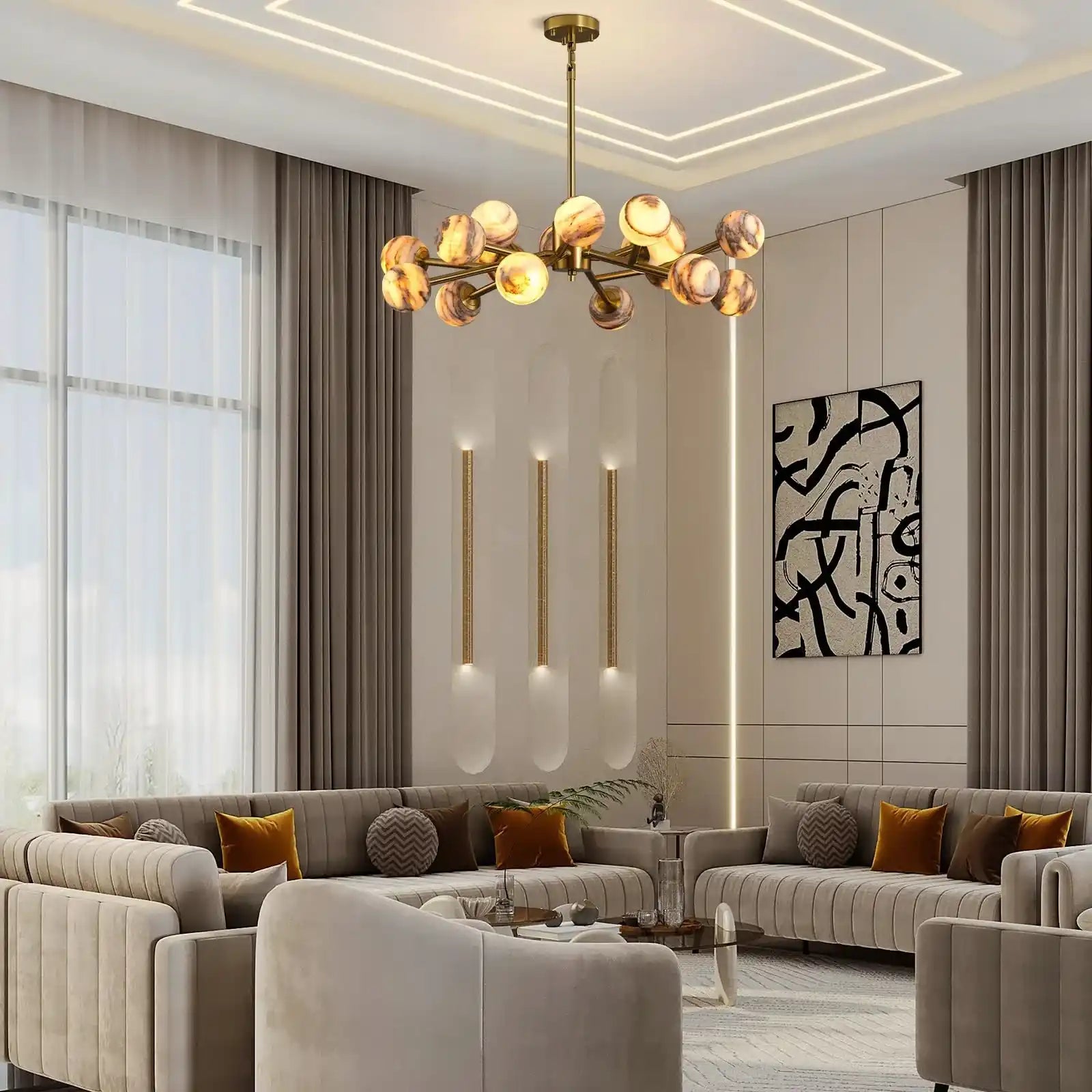 Mid Century Modern Sputnik 12 Light Gold Alabaster Globe Chandelier - Blushlighting