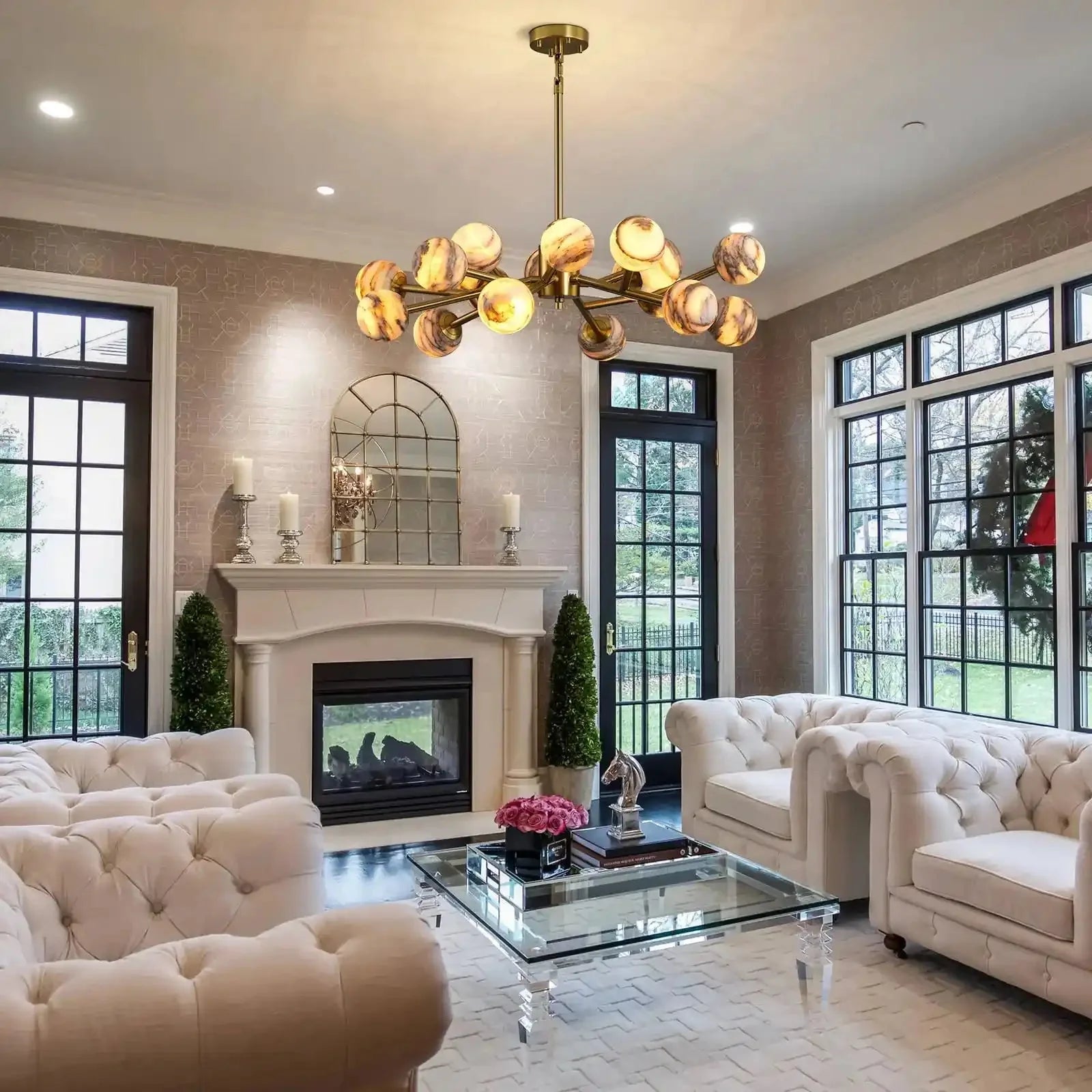 Mid Century Modern Sputnik 12 Light Gold Alabaster Globe Chandelier - Blushlighting