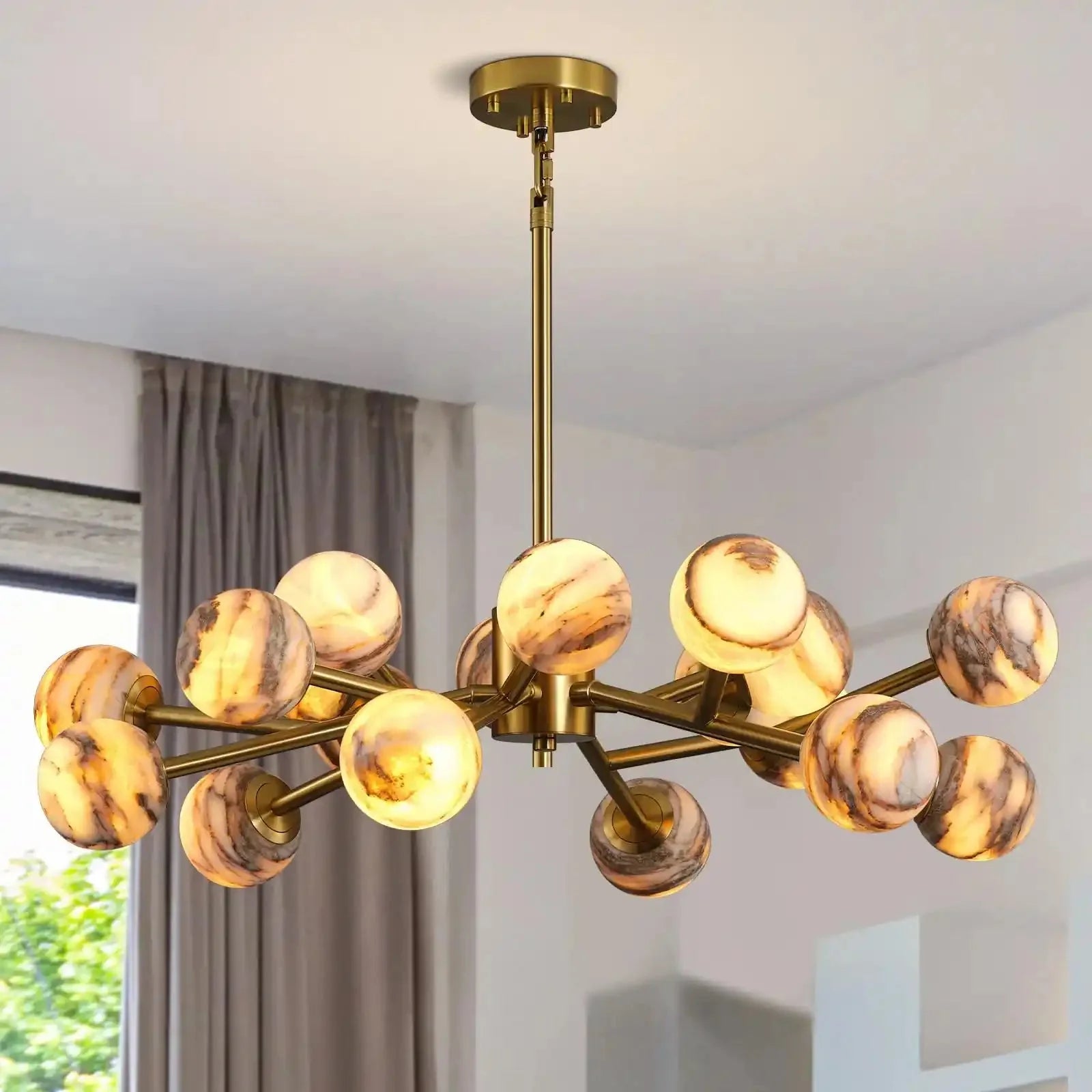 Mid Century Modern Sputnik 12 Light Gold Alabaster Globe Chandelier - Blushlighting